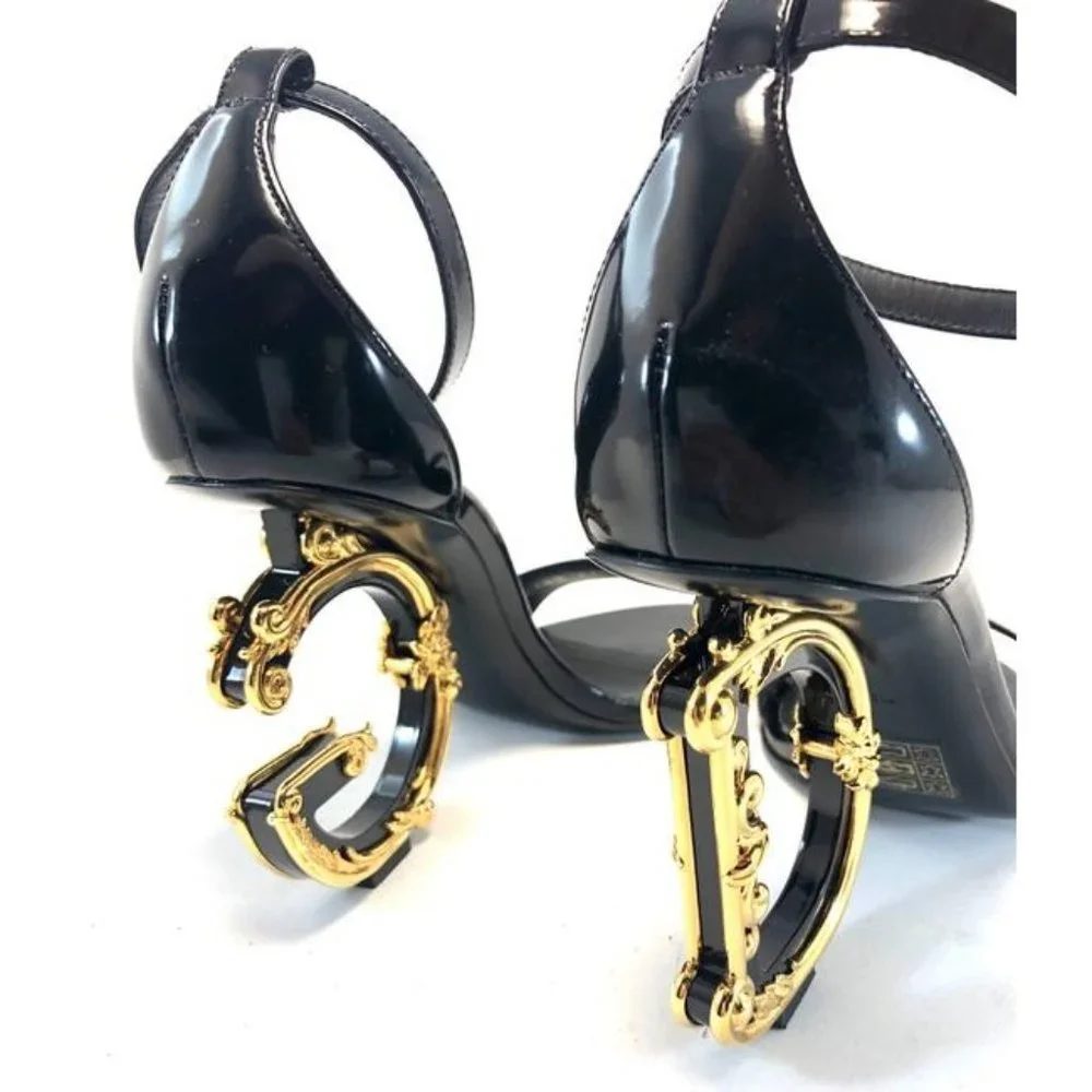 Dolce And Gabbana Black Sculpted Heel Patent Leather Sandals Size EU:36.5